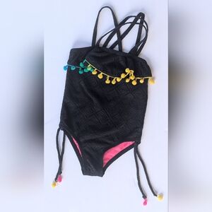 Limited Too Girls Black One Piece Swimsuit with Pom Pom Trim